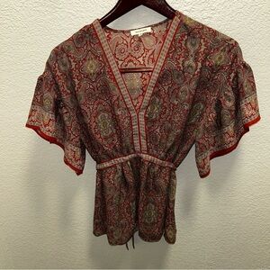 Max Studio Red and Brown Flutter Sleeve Wrap Blouse